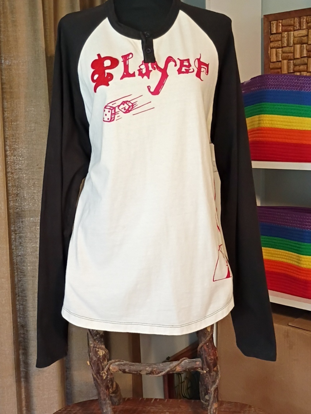 White & Black Raglan Sleeve T-shirt with Red Graphics